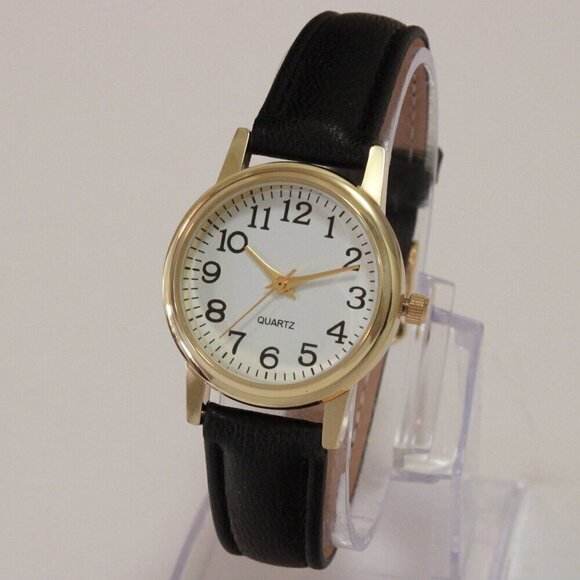 Ladies Easy Reader Dress Quartz Watch Gold-toned Black Strap White Dial 28mm - Picture 4 of 12